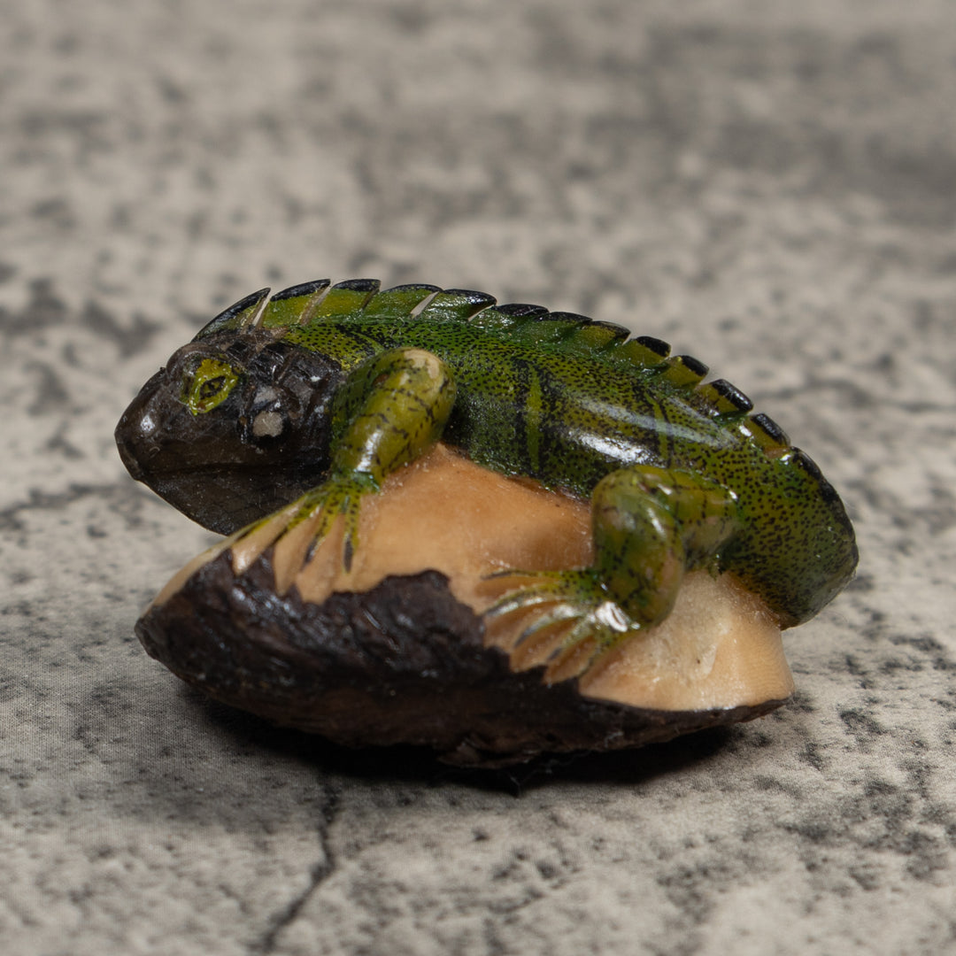 Green And Black Iguana Lizard Tagua Carving