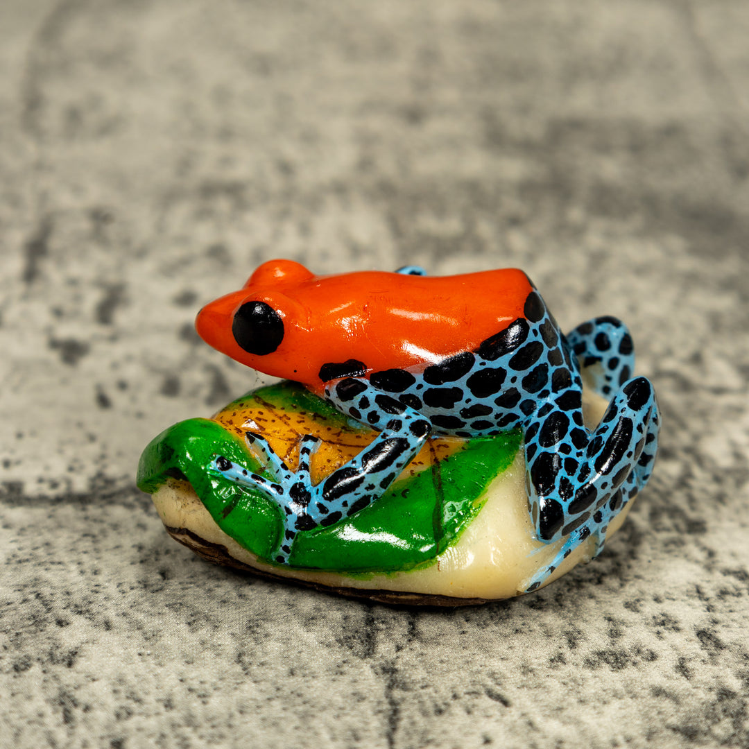 Blue Orange And Black Poison Dart Frog On Leaf Tagua Carving