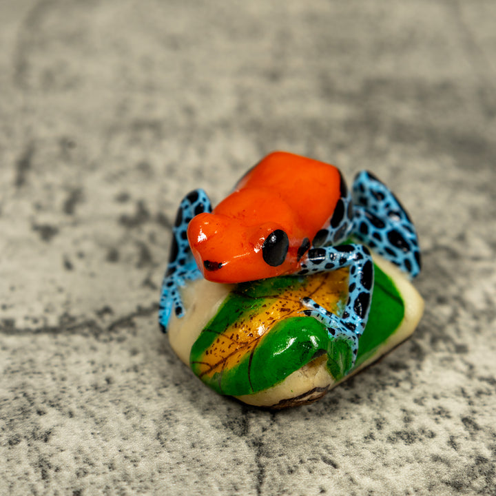 Blue Orange And Black Poison Dart Frog On Leaf Tagua Carving