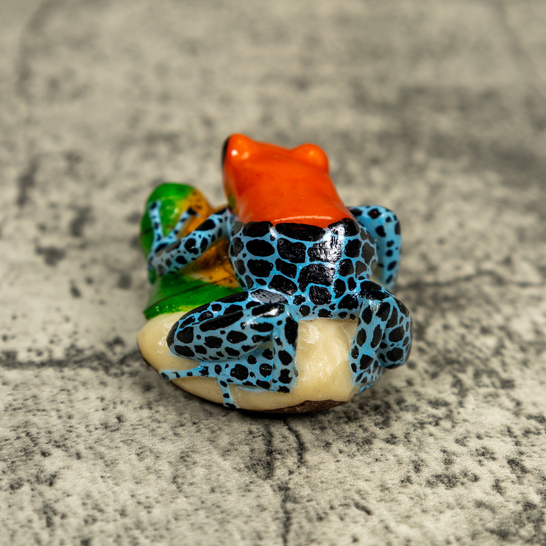 Blue Orange And Black Poison Dart Frog On Leaf Tagua Carving