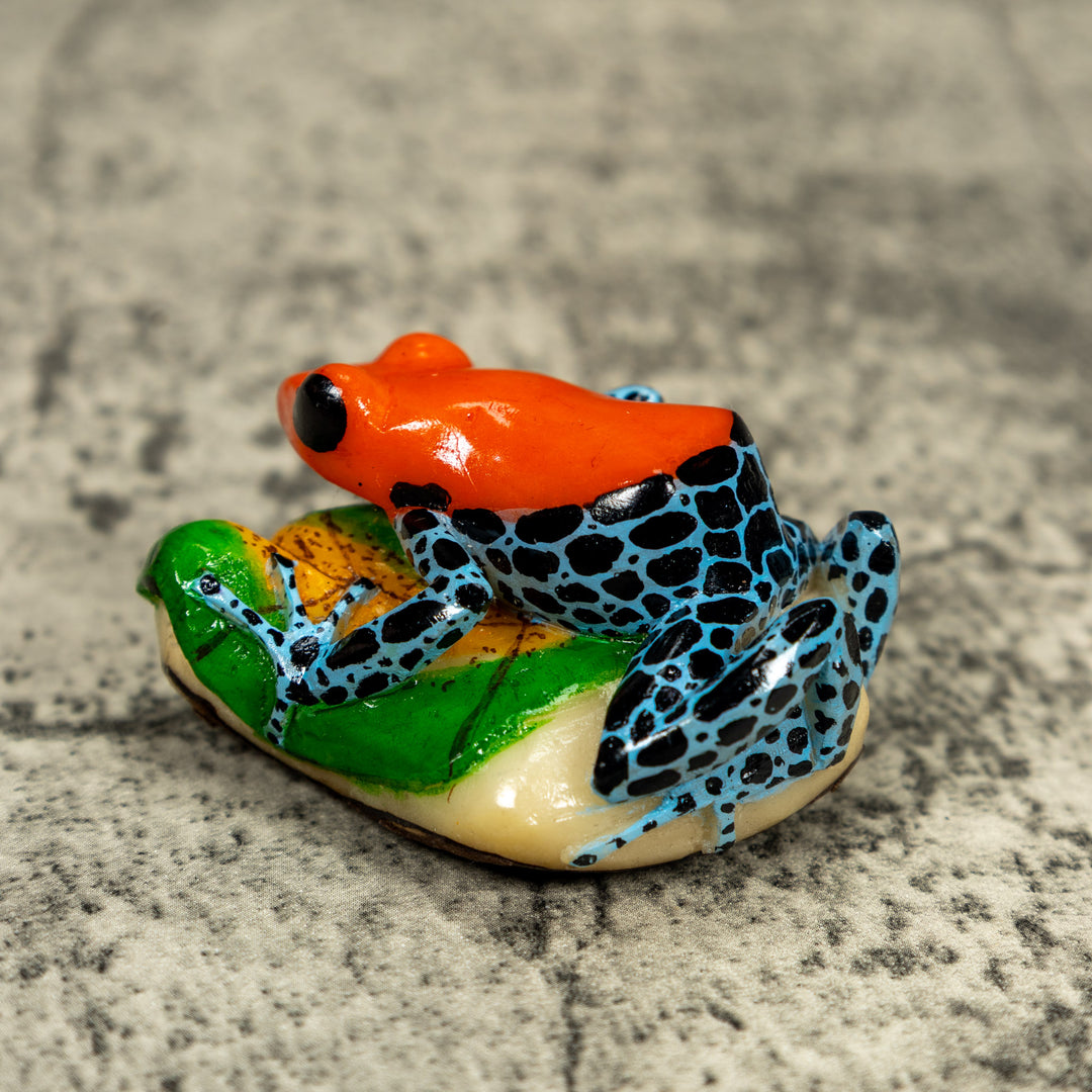 Blue Orange And Black Poison Dart Frog On Leaf Tagua Carving