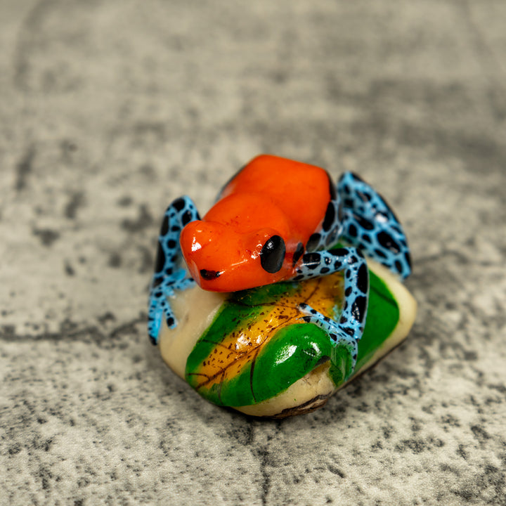 Blue Orange And Black Poison Dart Frog On Leaf Tagua Carving