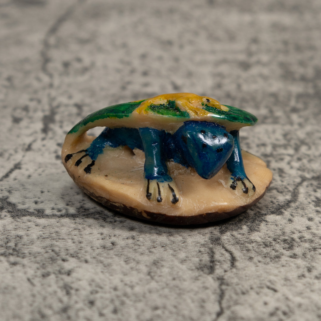 Blue Yellow And Green Gecko Leaf And Frog Tagua Carving