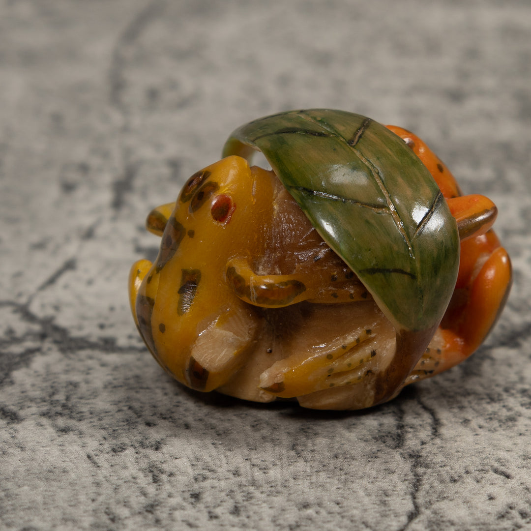 Vintage Gold Green And Yellow Double Frog Tagua Carving