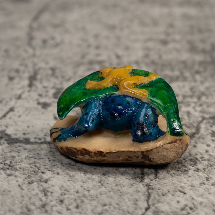 Blue Yellow And Green Gecko Leaf And Frog Tagua Carving