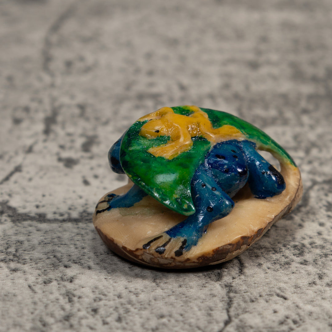 Blue Yellow And Green Gecko Leaf And Frog Tagua Carving