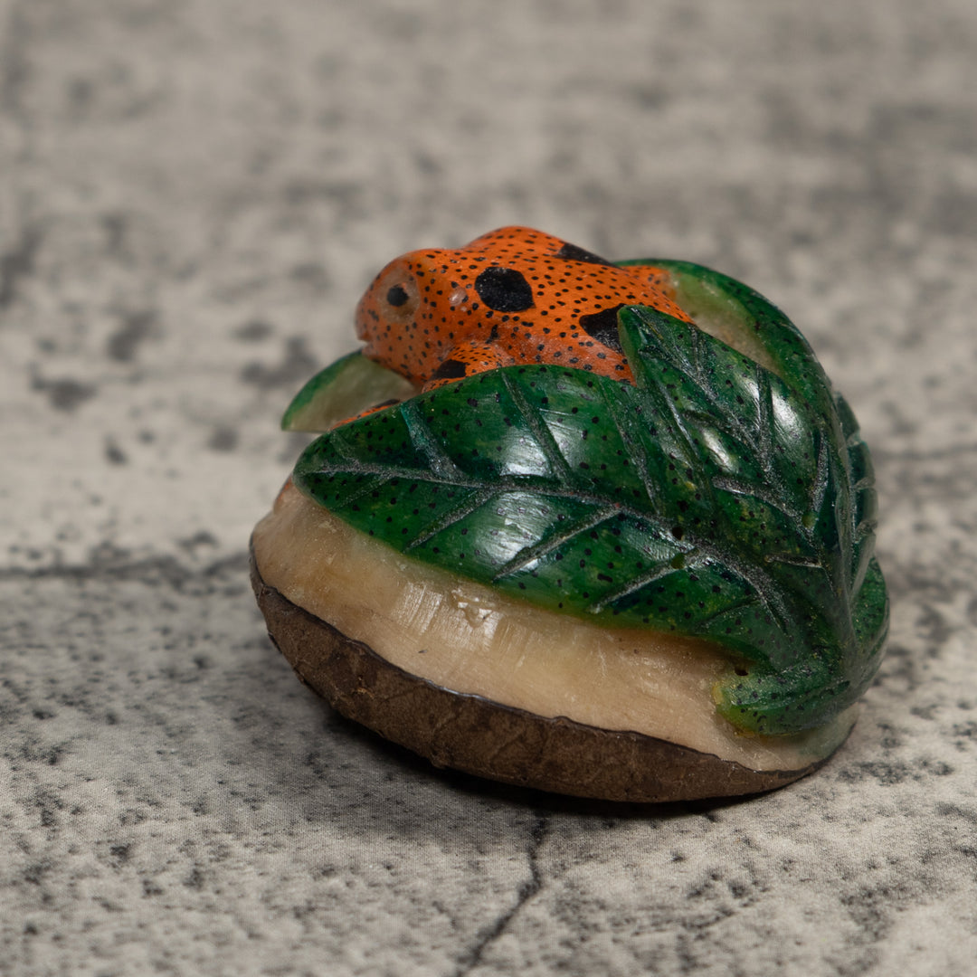 Vintage Orange Black And Green Frog Tagua Carving