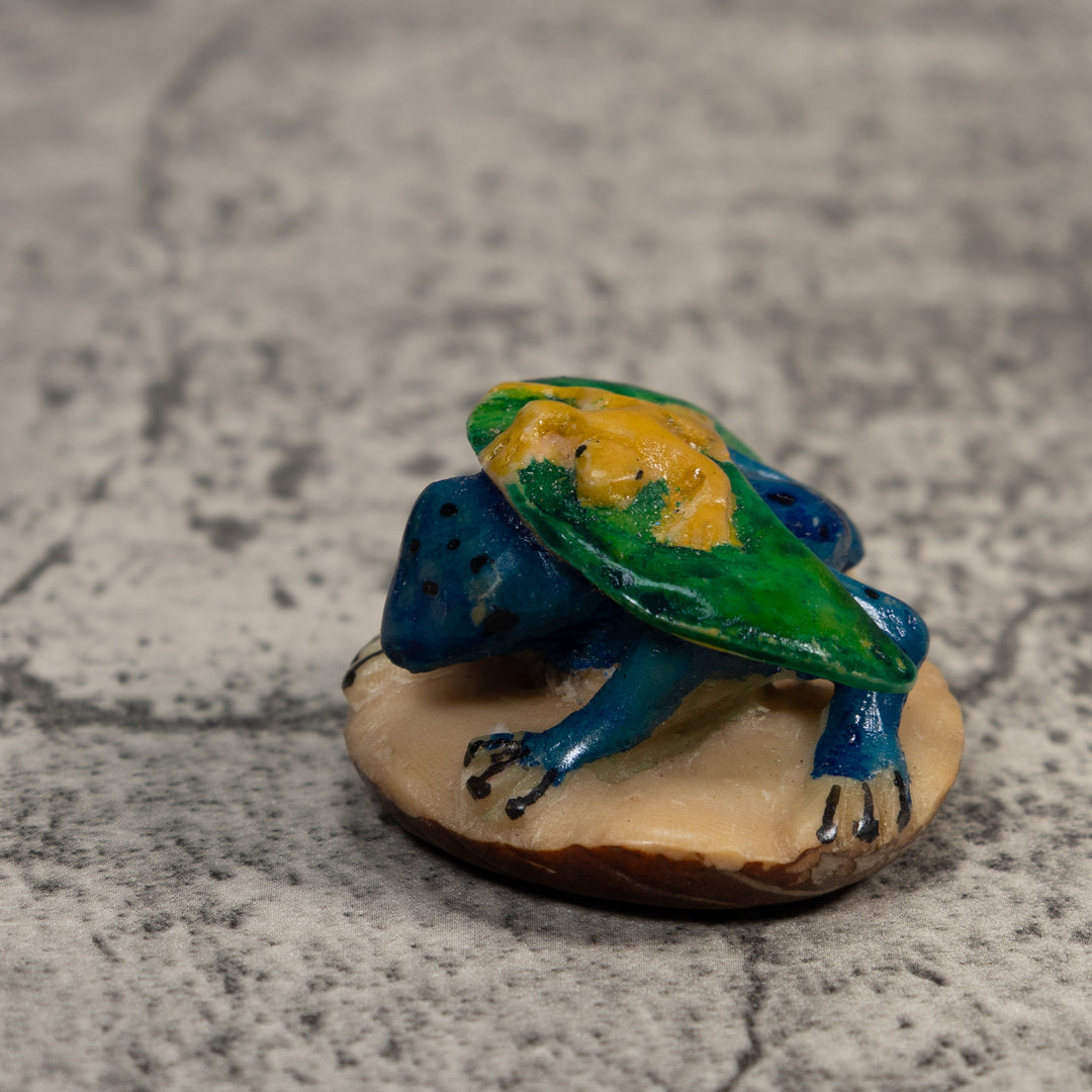 Blue Yellow And Green Gecko Leaf And Frog Tagua Carving