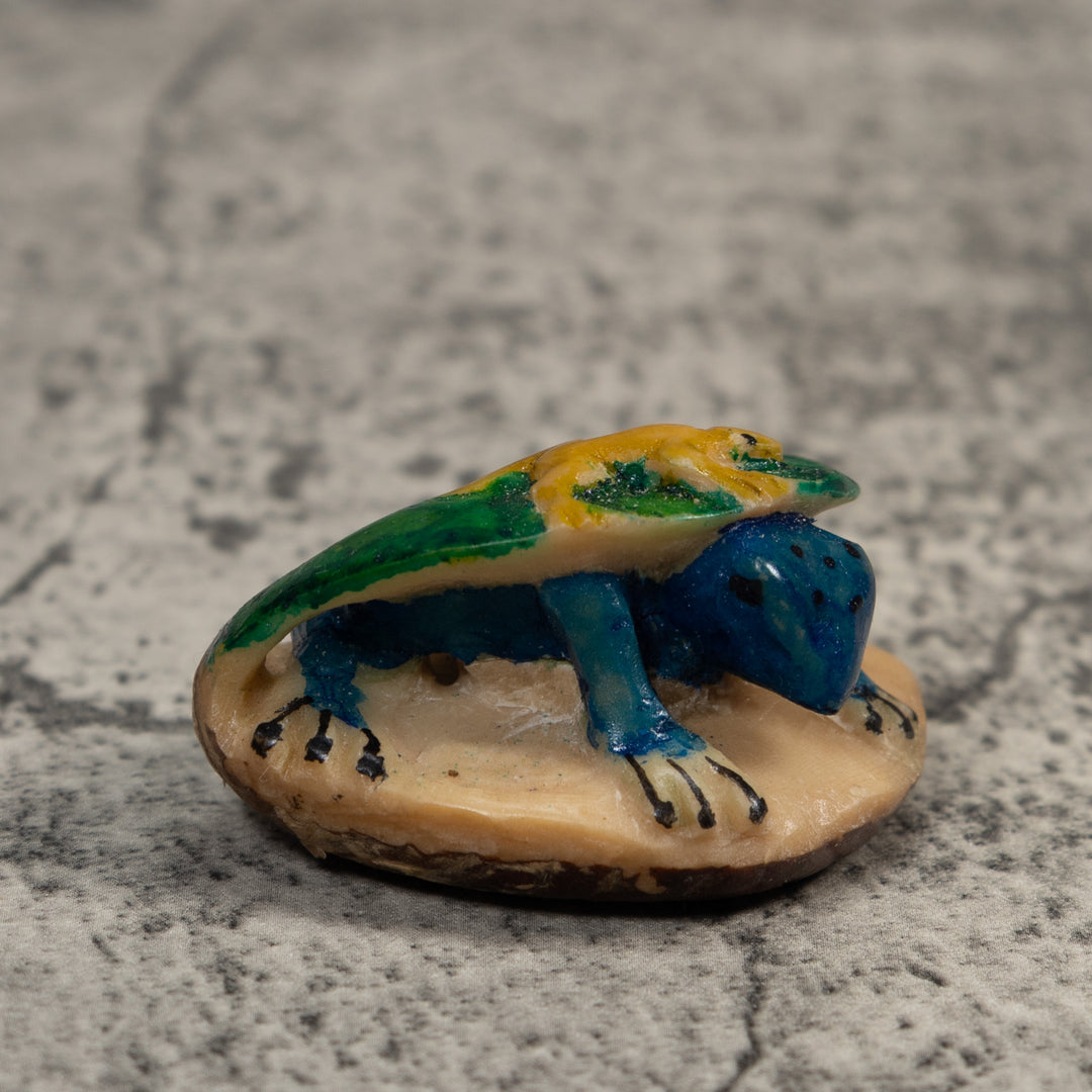 Blue Yellow And Green Gecko Leaf And Frog Tagua Carving