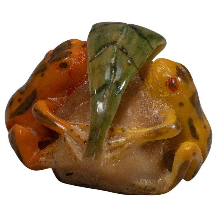 Vintage Gold Green And Yellow Double Frog Tagua Carving