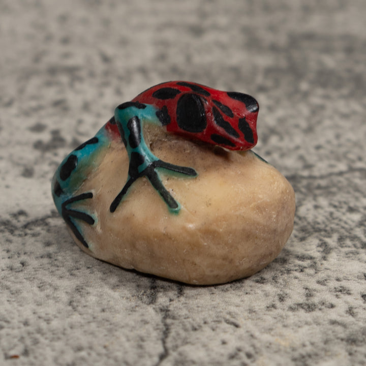 Vintage Blue Red And Black Frog Tagua Carving