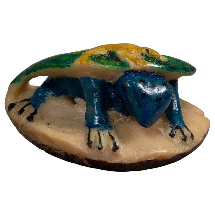 Blue Yellow And Green Gecko Leaf And Frog Tagua Carving