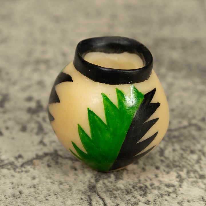 Vintage Etched Green And Black Vase Tagua Carving