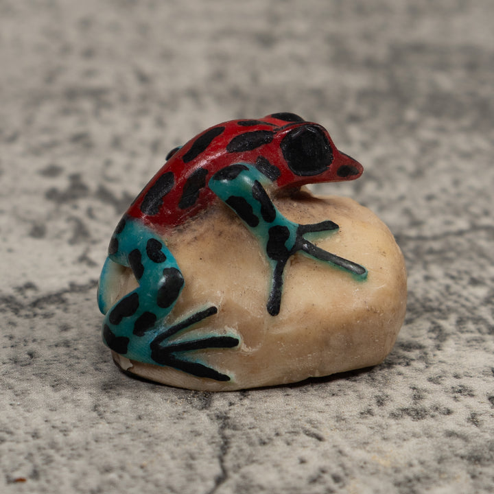 Vintage Blue Red And Black Frog Tagua Carving