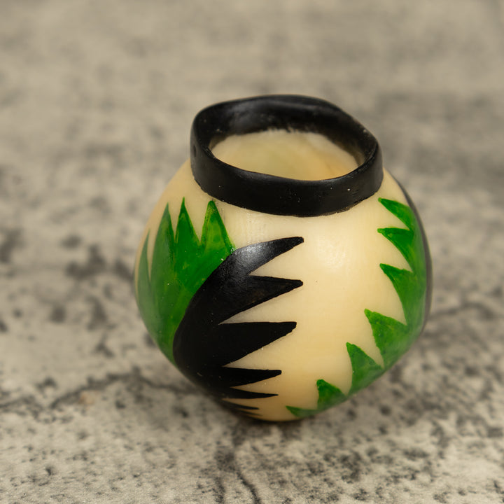 Vintage Etched Green And Black Vase Tagua Carving