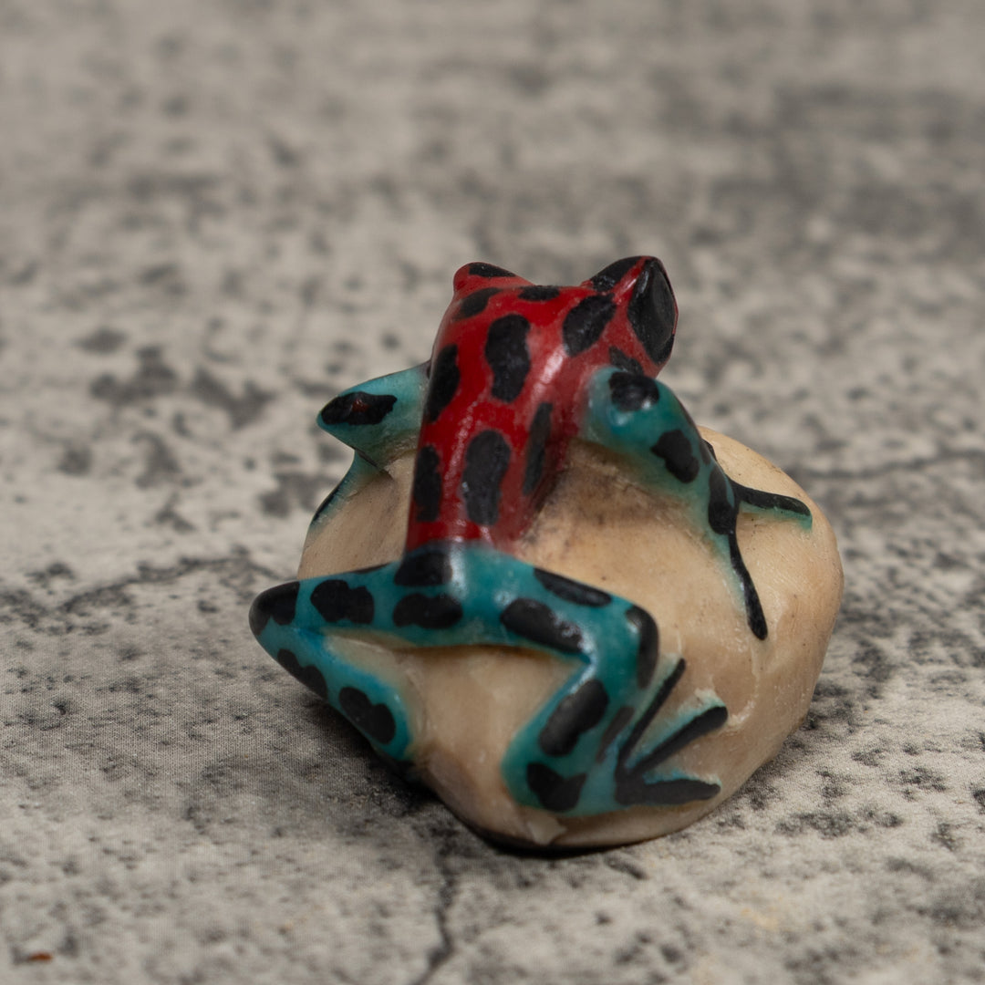 Vintage Blue Red And Black Frog Tagua Carving