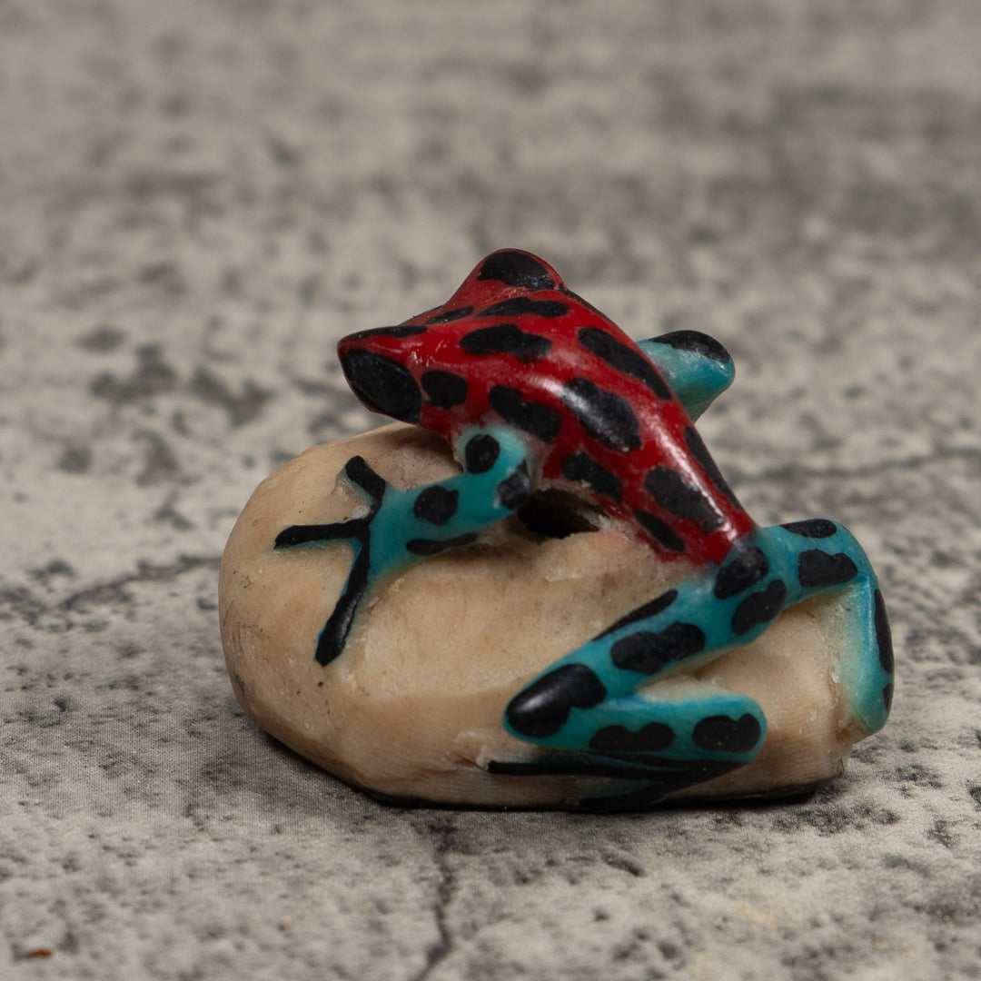 Vintage Blue Red And Black Frog Tagua Carving