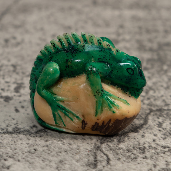 Vintage Green And Black Iguana Lizard Tagua Carving