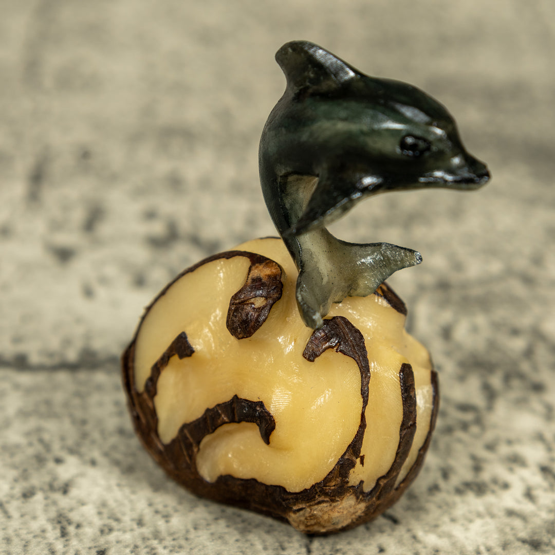 Gray Dolphin Riding Waves Tagua Carving