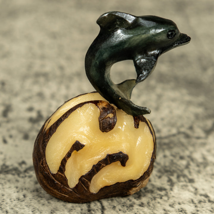 Gray Dolphin Riding Waves Tagua Carving