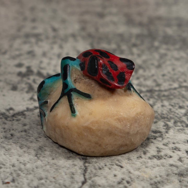 Vintage Blue Red And Black Frog Tagua Carving