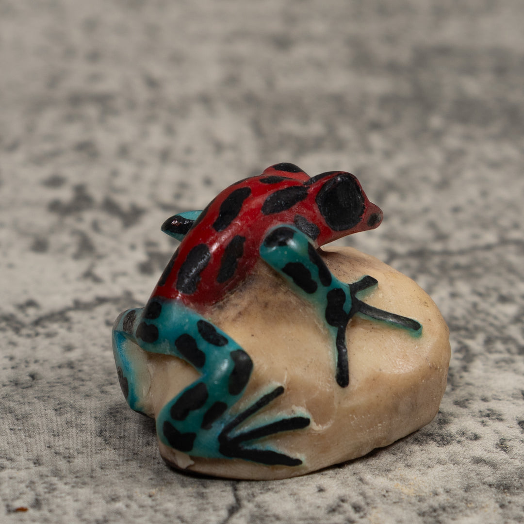 Vintage Blue Red And Black Frog Tagua Carving