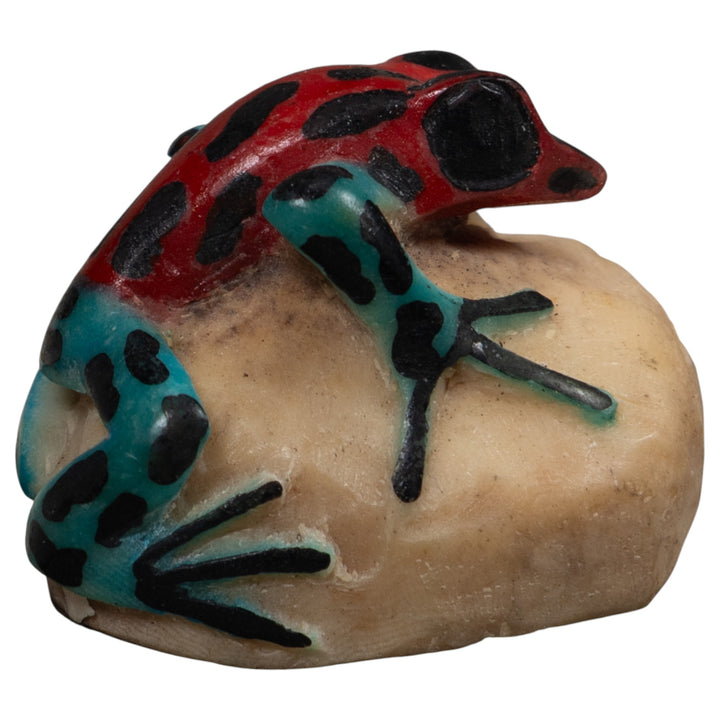 Vintage Blue Red And Black Frog Tagua Carving