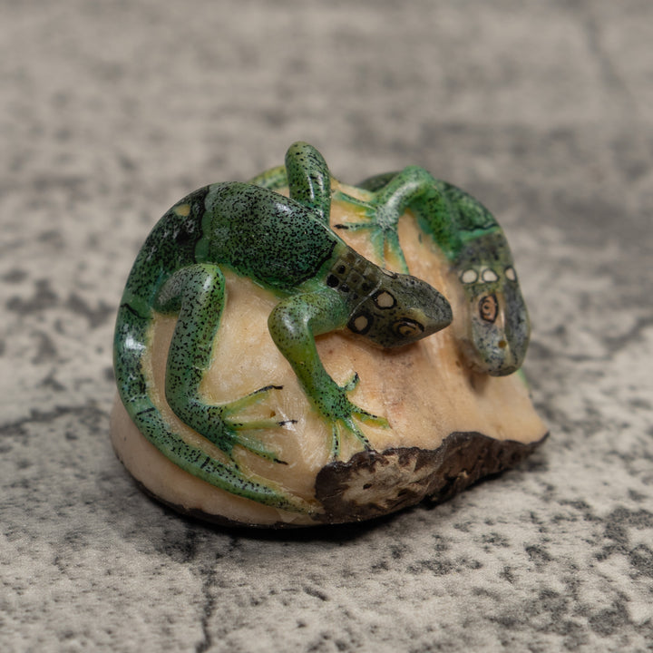 Double Green Iguana Lizard Tagua Carving