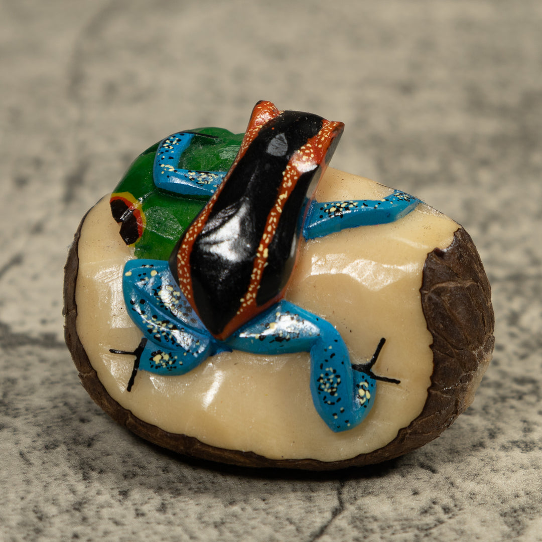 Blue Black And Red Frog Tagua Carving