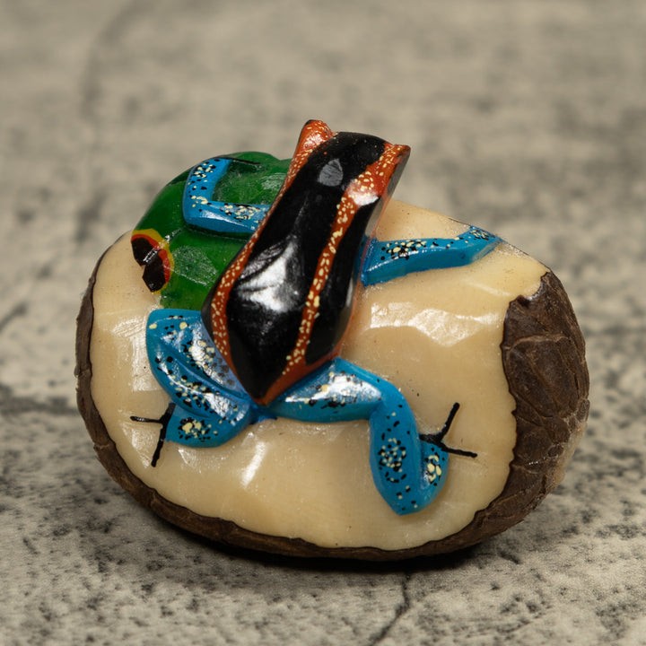 Blue Black And Red Frog Tagua Carving