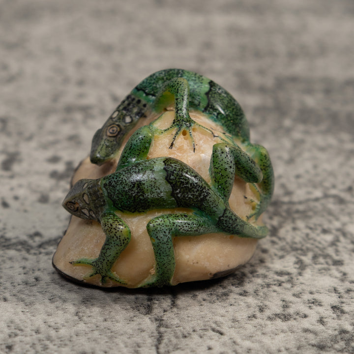 Double Green Iguana Lizard Tagua Carving