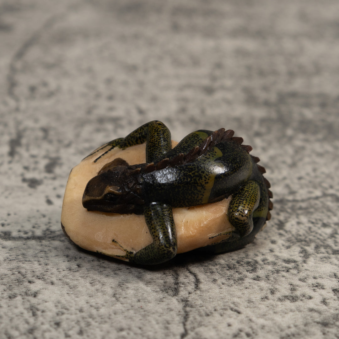 Vintage Dark Green Iguana Lizard Amphibian Tagua Carving