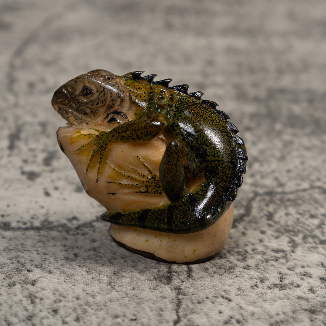Vintage Green And Black Iguana Amphibian Lizard Tagua Carving