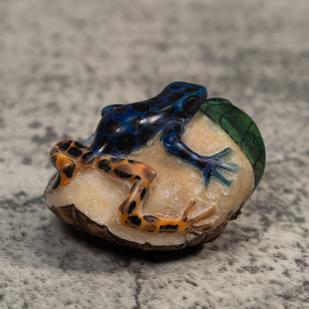 Vintage Black Gold And Green Frog Tagua Carving