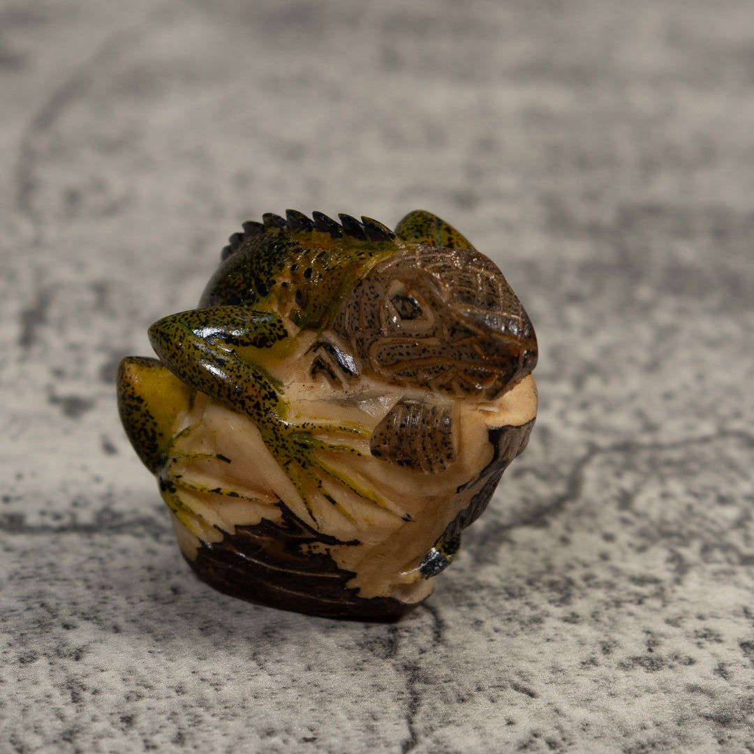 Vintage Green And Black Iguana Amphibian Lizard Tagua Carving
