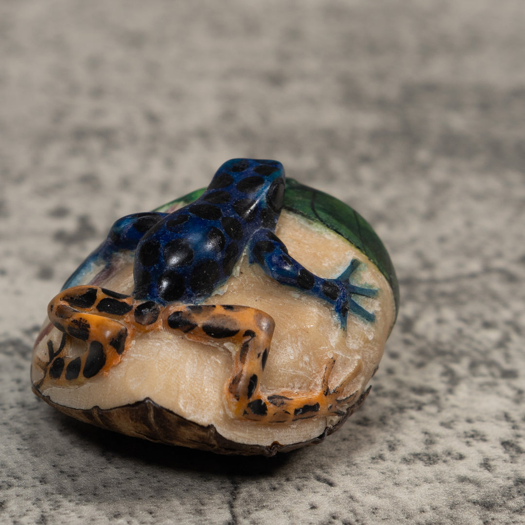 Vintage Black Gold And Green Frog Tagua Carving