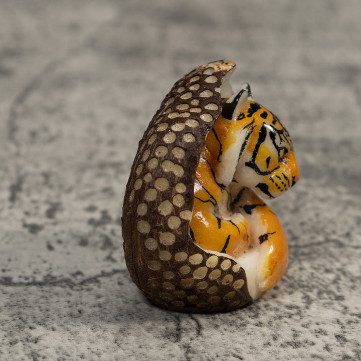 Orange And Black Bengal Tiger in Cave Tagua Carving