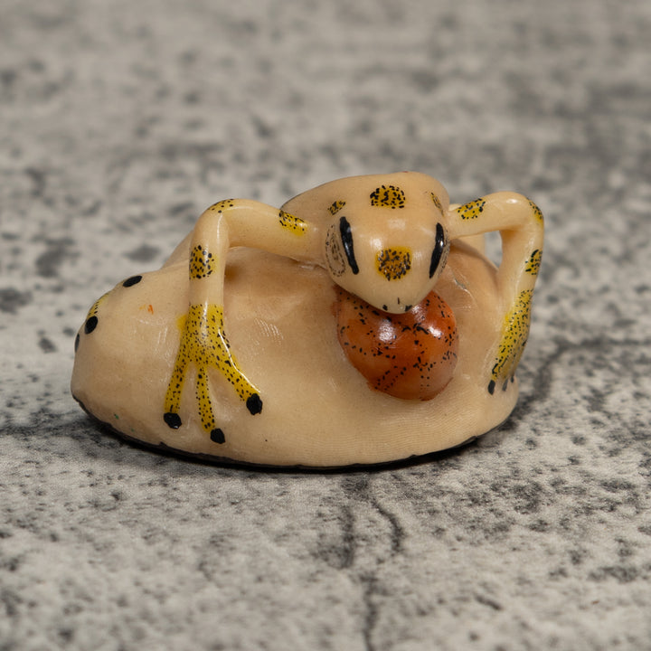 Vintage Red And Yellow Blow Throat Frog Tagua Carving
