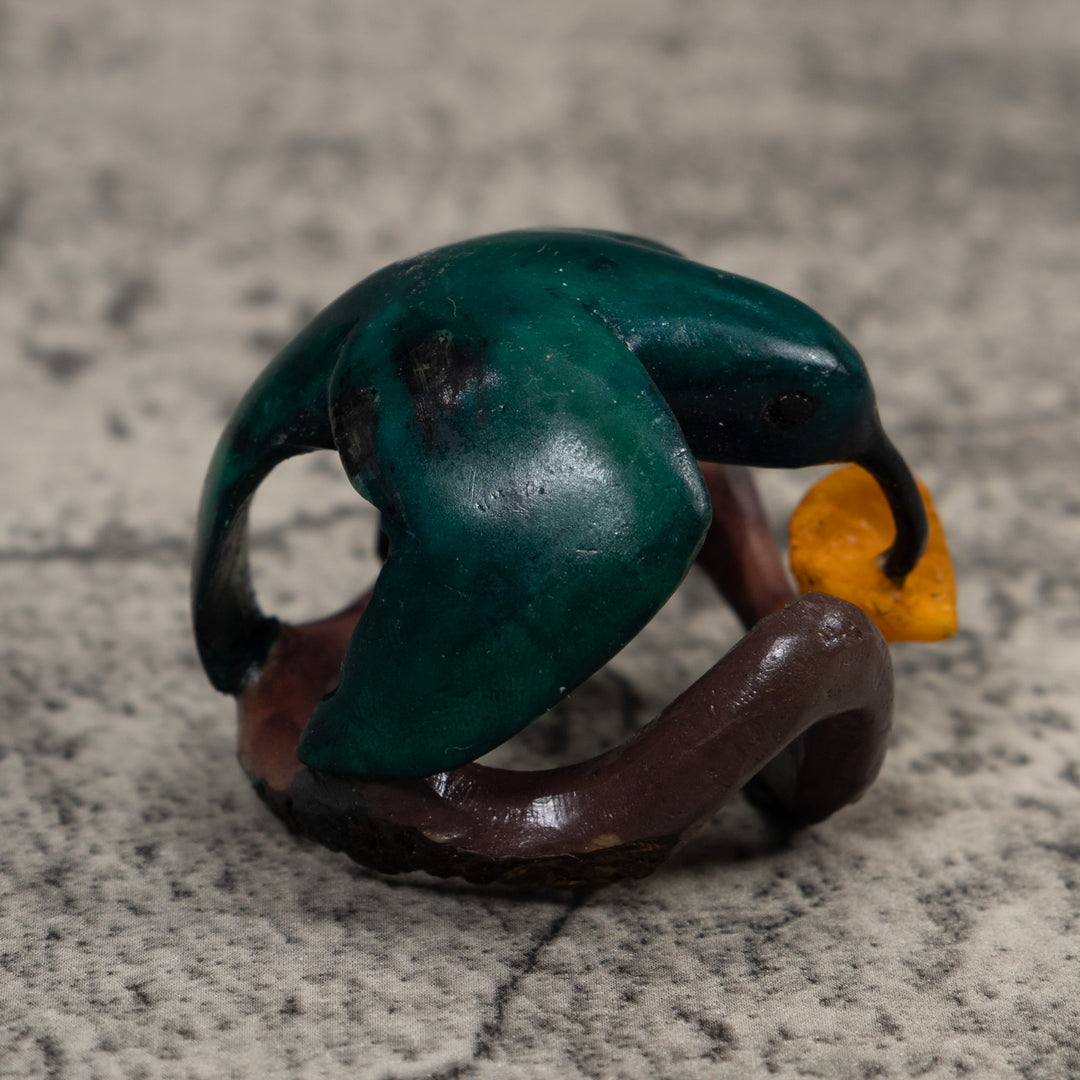 Vintage Blue Green And Yellow Hummingbird Tagua Carving