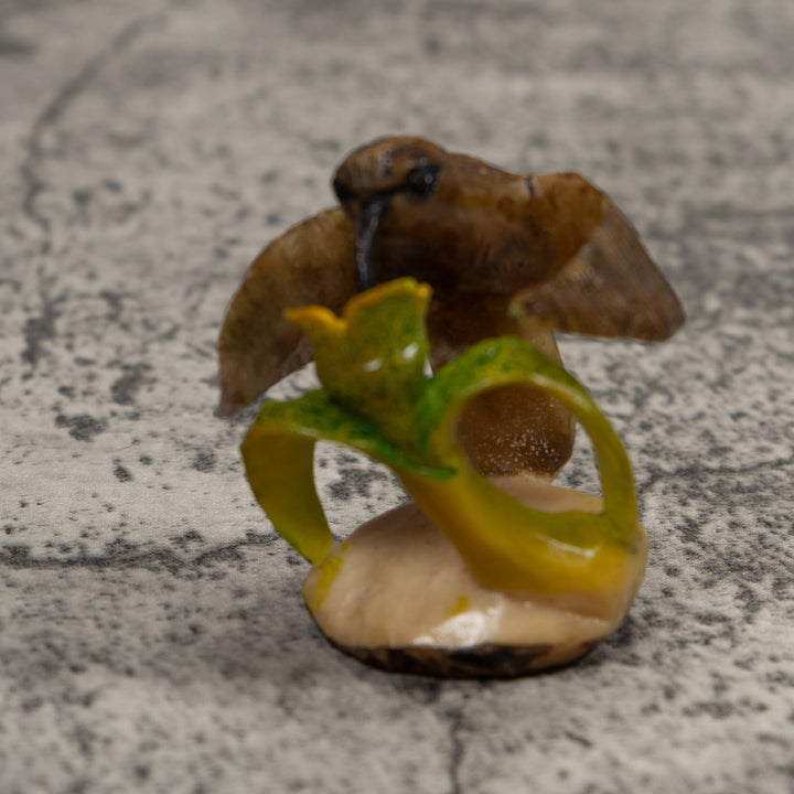 Vintage Brown Yellow And Green Hummingbird Tagua Carving