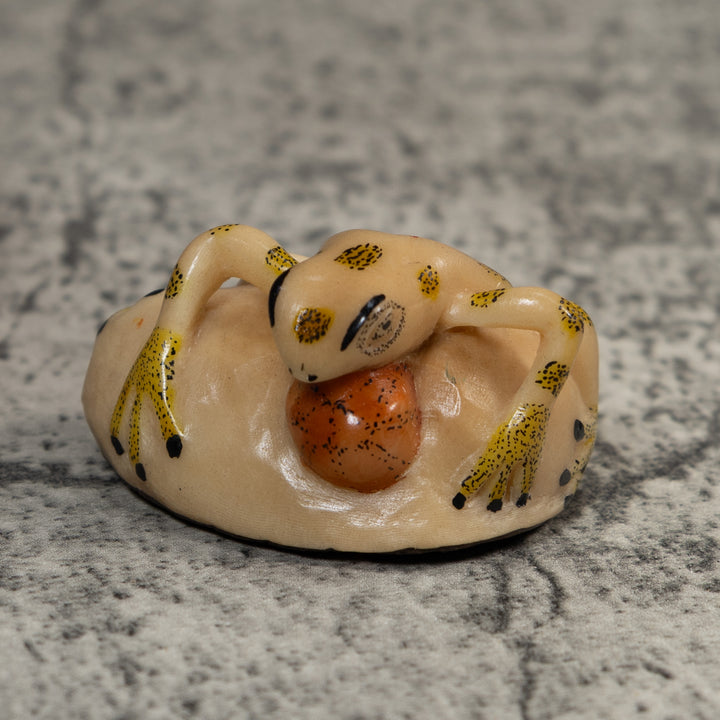 Vintage Red And Yellow Blow Throat Frog Tagua Carving