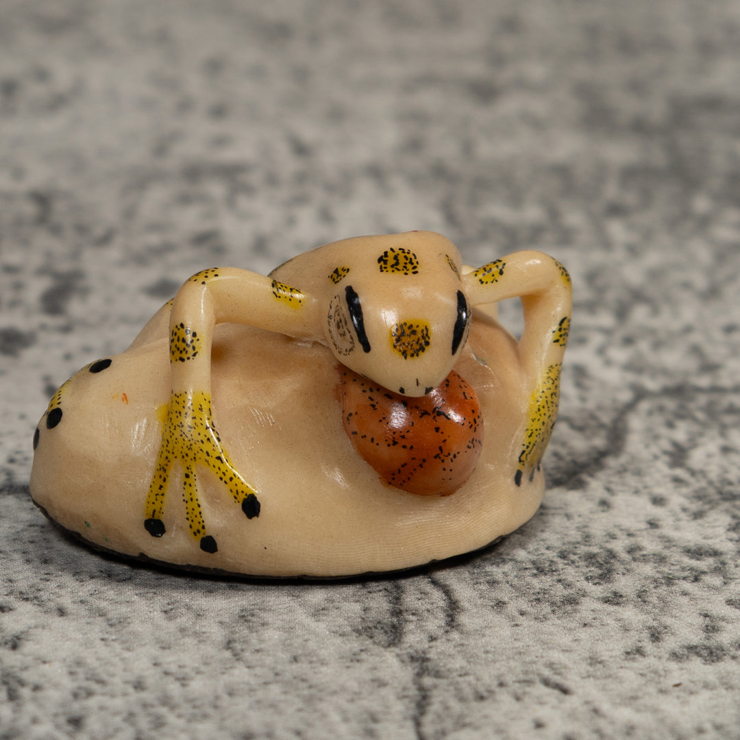 Vintage Red And Yellow Blow Throat Frog Tagua Carving