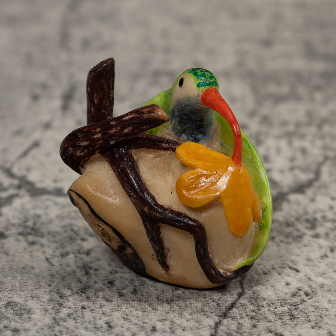 Vintage Red Yellow And Green Hummingbird Tagua Carving