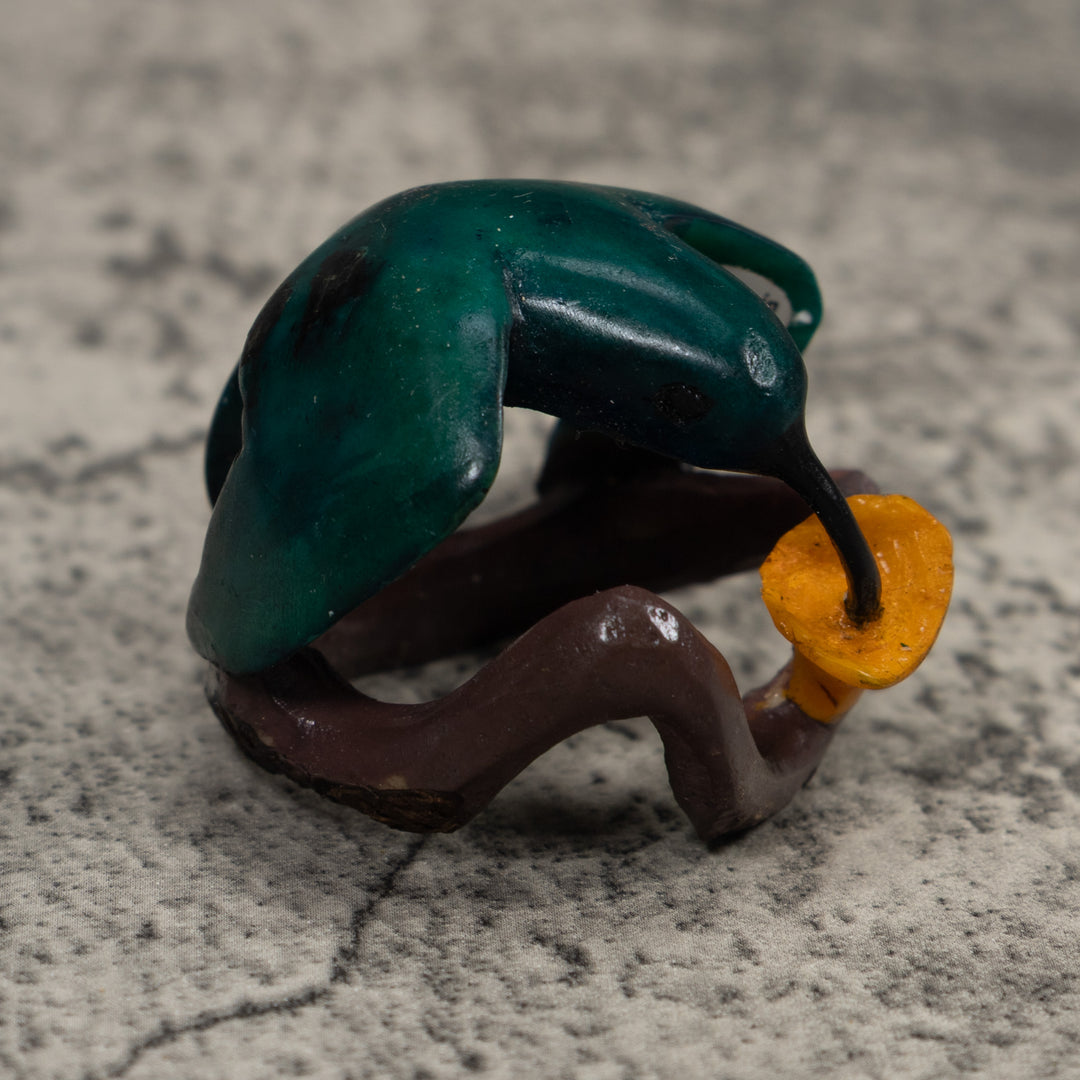 Vintage Blue Green And Yellow Hummingbird Tagua Carving