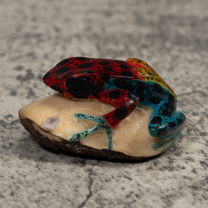 Vintage Red Blue And Yellow Frog Tagua Carving
