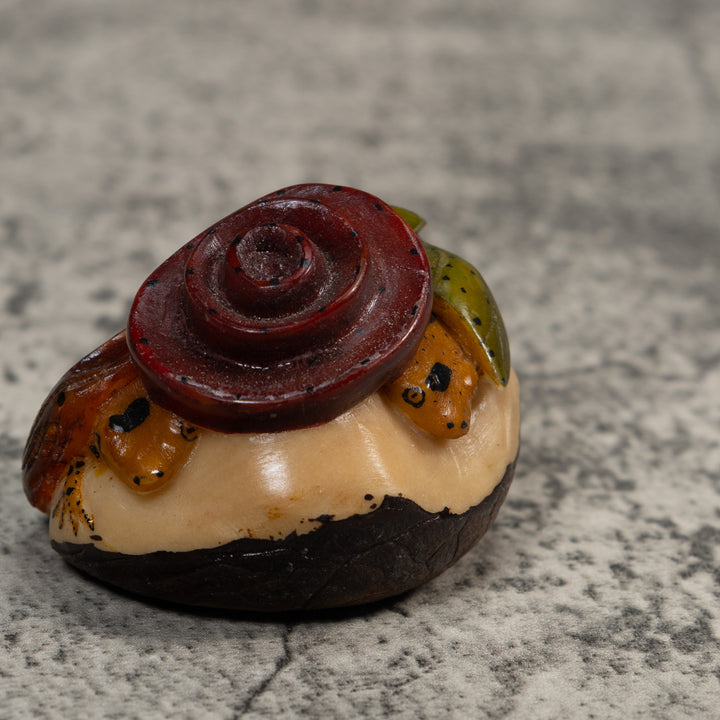 Gold  Double Poison Dart Frog Under Flower Tagua Carving