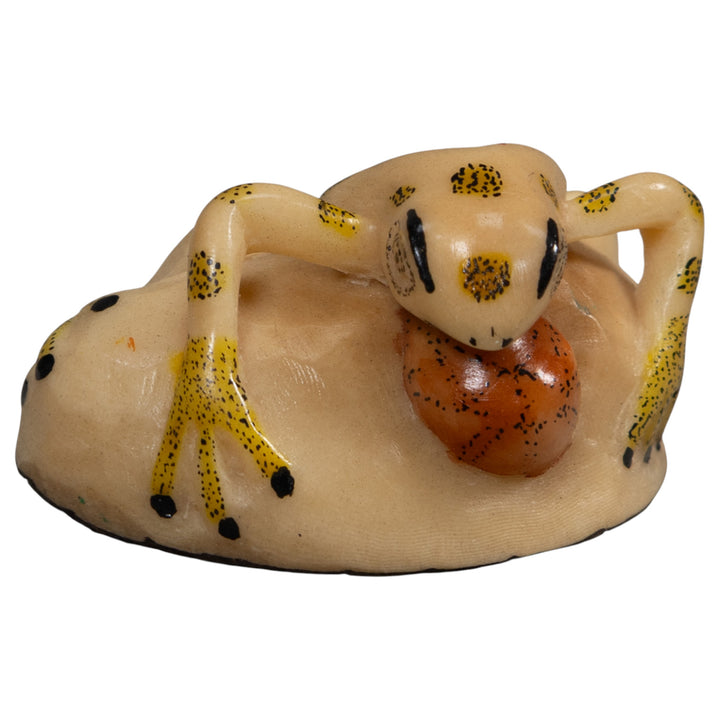 Vintage Red And Yellow Blow Throat Frog Tagua Carving