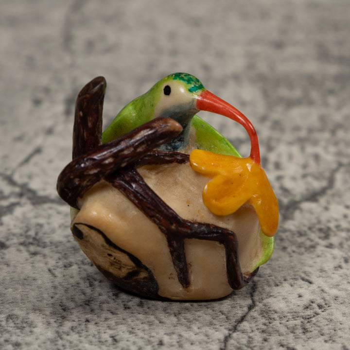 Vintage Red Yellow And Green Hummingbird Tagua Carving