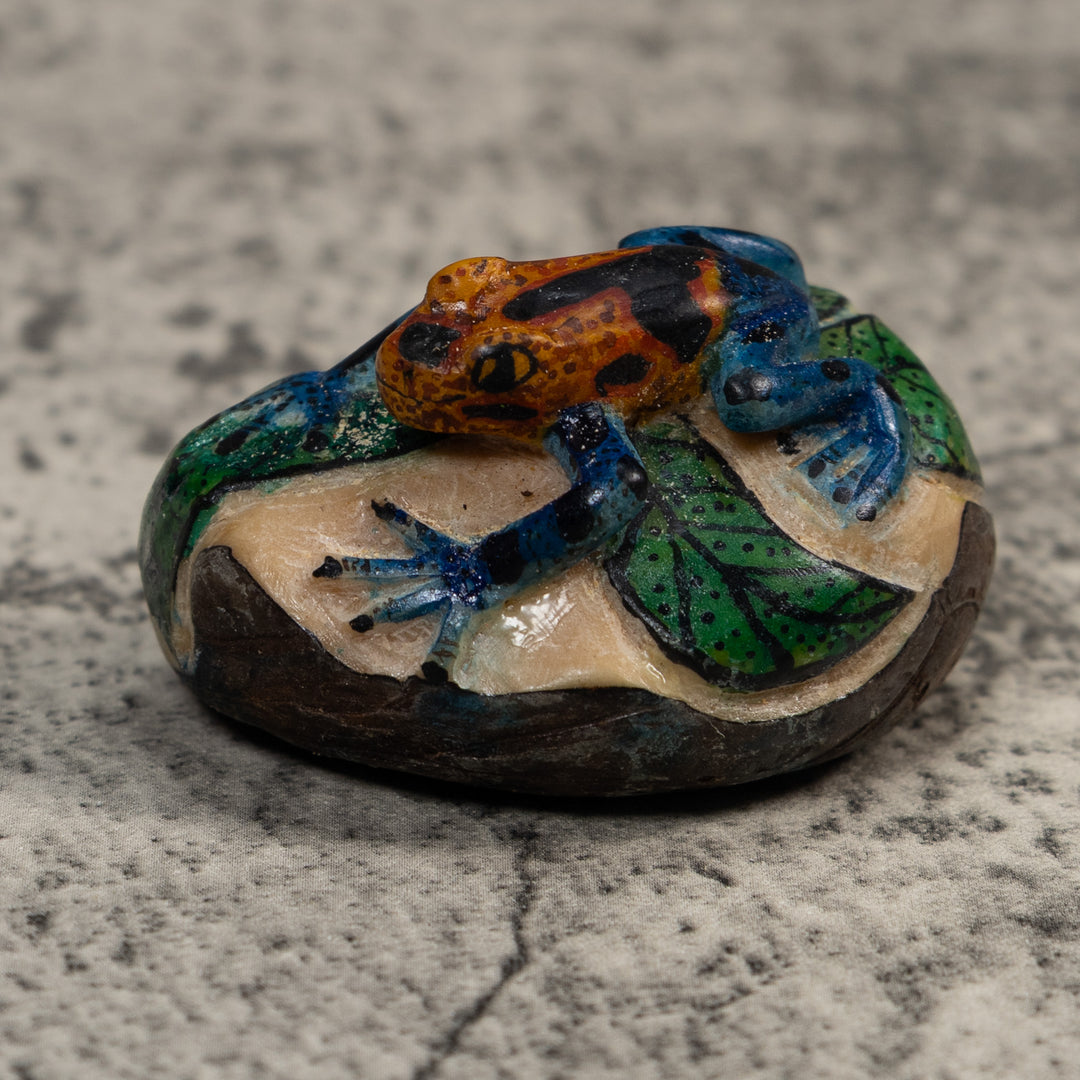 Orange Blue And Black FrogTagua Carving