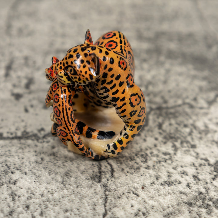 Black And Orange Jaguar Cat With Kitten Tagua Carving